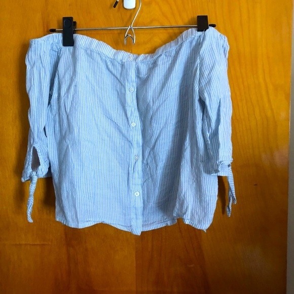 Bershka Top Blue White Stripe Off Shoulder Blouse Coastal Preppy Button Front - Picture 1 of 5